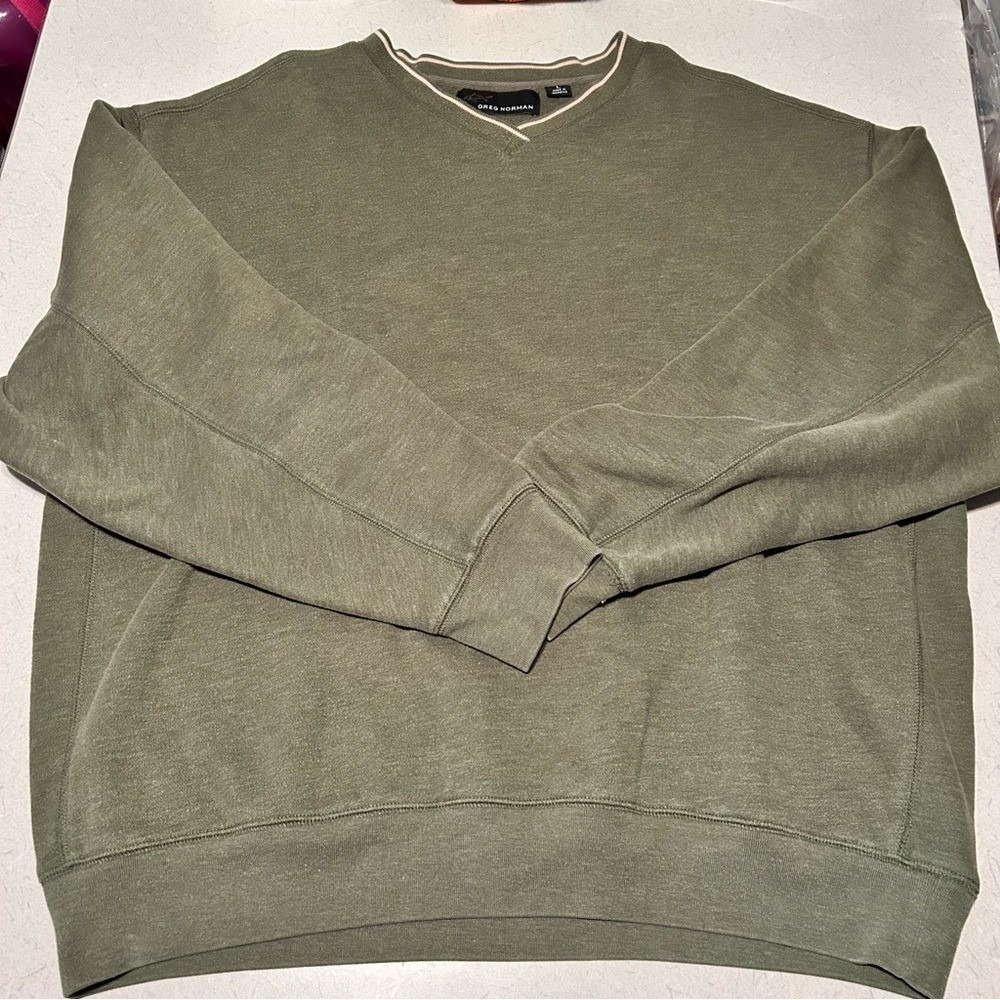 Greg Norman Mens Olive Green V-Neck Pullover Sweatshirt Shark Logo‎ Size Large